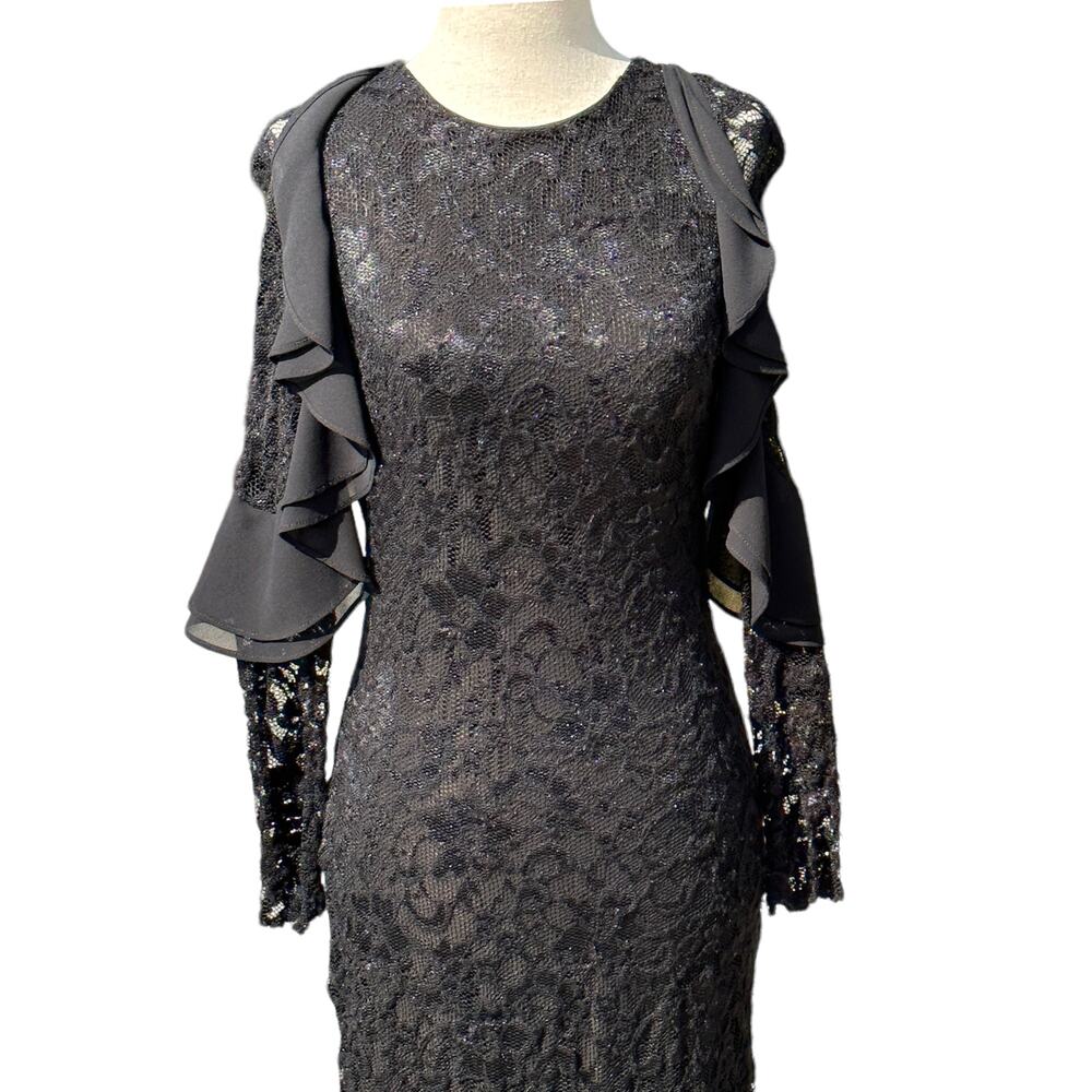 Belle by Badgley Mischka Black Stretch Long Sleeve Lace Sheath Dress 2
